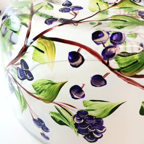 Glass Cheese Pastry Dome Handpainted Blueberry Floral Design With Glass Plate - Picture 7 of 13